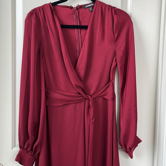 Express Satin Burgundy Wrap Midi Dress - Picture 2 of 6